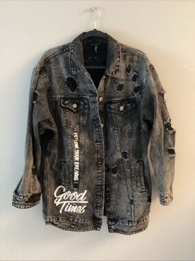 American Bazi Black Distressed Denim Jacket with White Tag size M